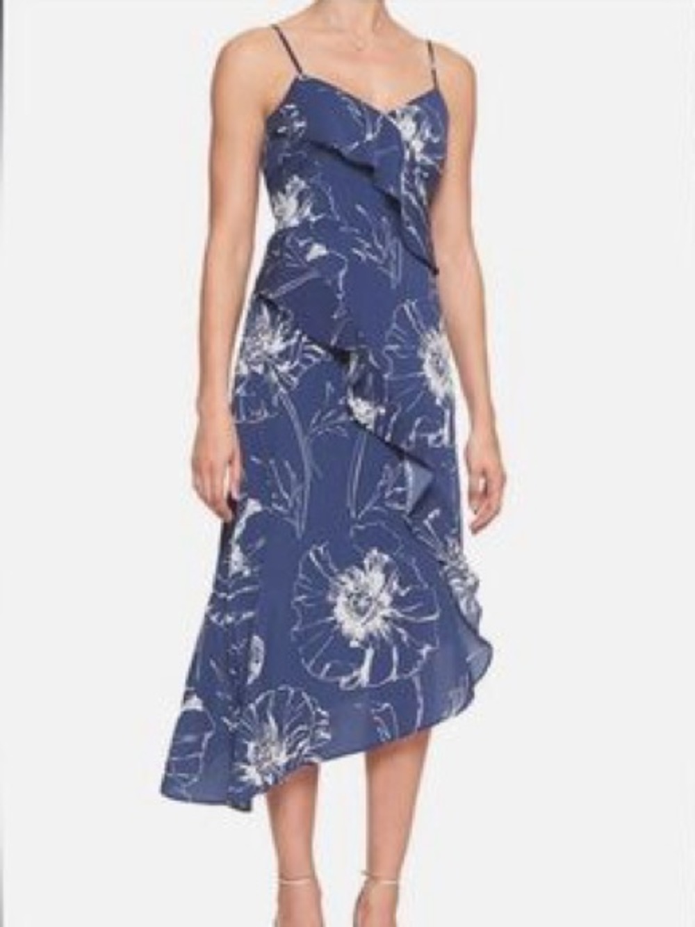 Banana Republic Asymmetrical Ruffle Midi Dress, Navy/White Floral Print